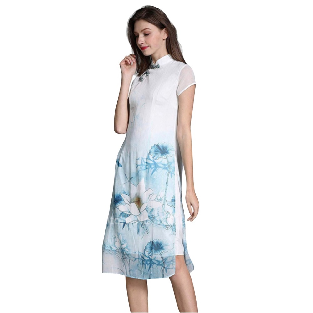 Lotus Flowers Print Cheongsam Midi Cocktail Dress